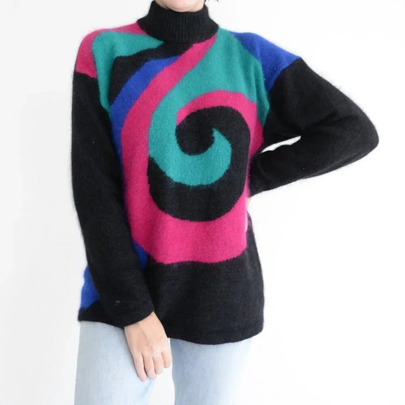 Vintage Braemar by Jeremy Scott Black &  Neon 58% Silk 10% Angora Sweater L - Picture 2 of 12
